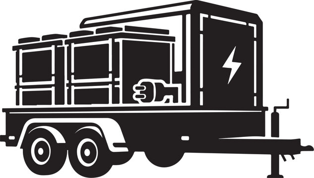 Electric generator trailer, mobile power station, black and white icon, vector illustration