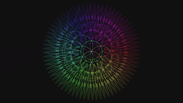 Premium 4K seamless loop of Seed of Life Manipura sacred geometry breathing in a cinematic iridescent void. Ideal for VJ sets, trance visuals, meditation, and yoga studios.