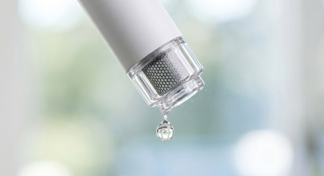 Modern white and clear water filter with honeycomb pattern dropping pure water.