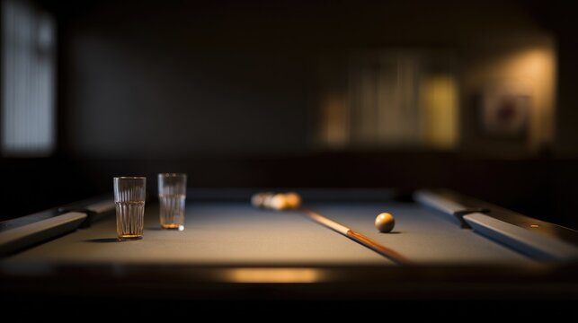 cue. An empty bar table with glassware and a pool cue in warm, dim light. lifestyle magazines, social media lookbooks, designed for influencer and brand collaborations.