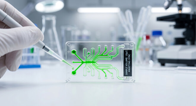 Scientist hand using micropipette to transfer liquid into microfluidic chip for complex genetic analysis process.