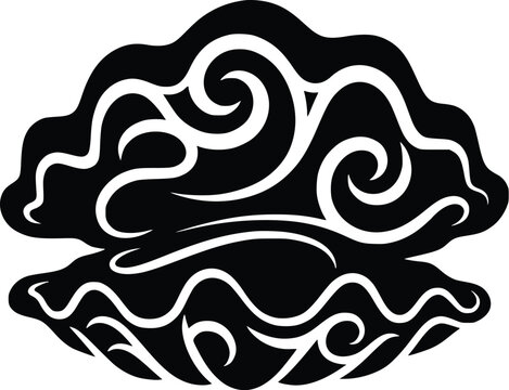 Stylized black and white illustration of an open clam shell with intricate swirling patterns resembling waves or clouds inside, in a tribal art style.