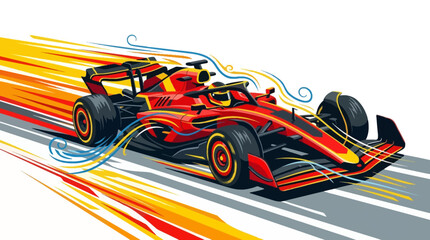 Fototapeta premium A dynamic illustration showcases a sleek, red Formula One race car speeding across a light gray surface, with vibrant orange and blue streaks suggesting motion and speed in an energetic