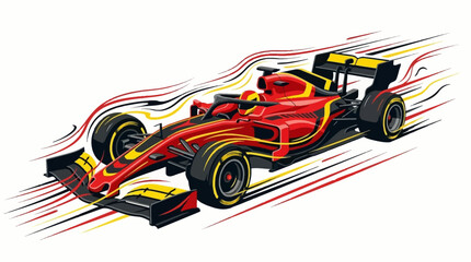 Fototapeta premium Isometric vector illustration of a red and yellow race car speeding forward, depicted with dynamic motion lines against a clean white background, conveying a sense of velocity