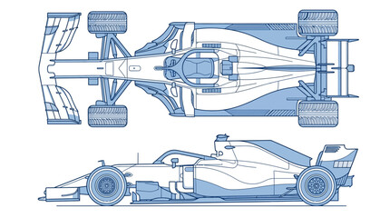 Fototapeta premium Isometric technical blueprint of a Formula One race car is presented with precise, light blue line work against a clean white backdrop, creating a detailed design diagram for automotive