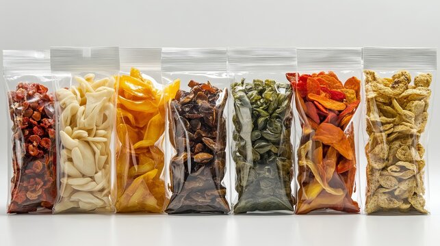 Transparent plastic pouches filled with assorted colorful dehydrated vegetable slices and dried organic fruit snacks
