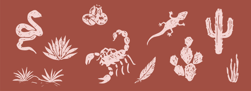 Desert icons vintage woodcut or linocut, grunge texture snake, skull silhouette, wild West. Boho engraving print set, canyon wildlife. Horseshoe, cactus, desert plants and animals.