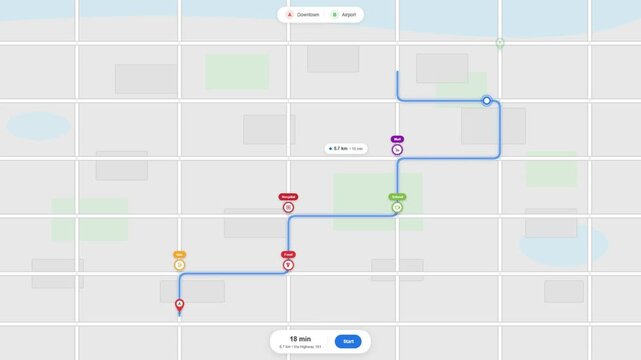 Animated city map navigation route from downtown to airport with location pin marker