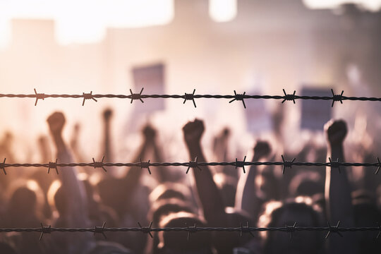 Barbed wire barrier with blurred protest crowd. A poignant image of resistance and struggle at borders and prisons.
