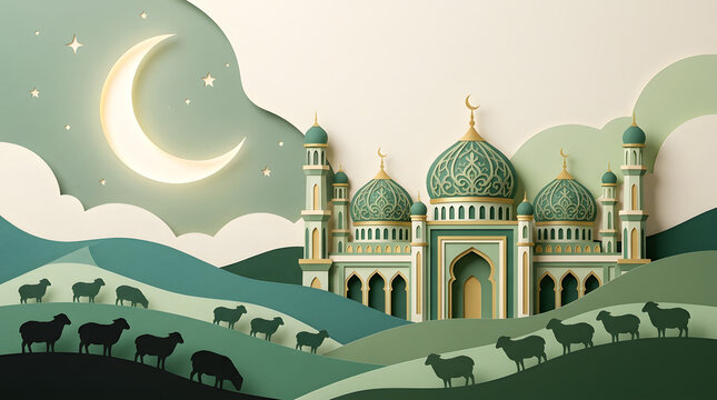 Islamic mosque landscape with large crescent moon, clouds, rolling hills and sheep in soft green tones for Ramadan illustration