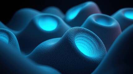 Fototapeta premium Abstract blue formations, textured surfaces, glowing interiors. Smooth shapes create intriguing visual depth, dark background.