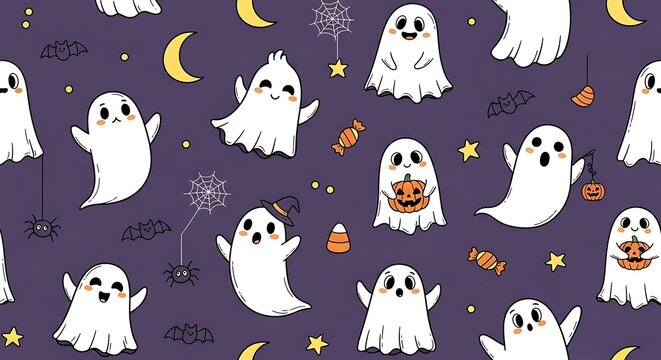 Cartoon halloween ghosts pattern on purple background for holiday design