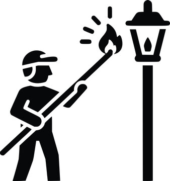 Detailed description of a lamplighter in a cap, using a long flaming stick to light a traditional street lamp post, depicted as a black silhouette icon.