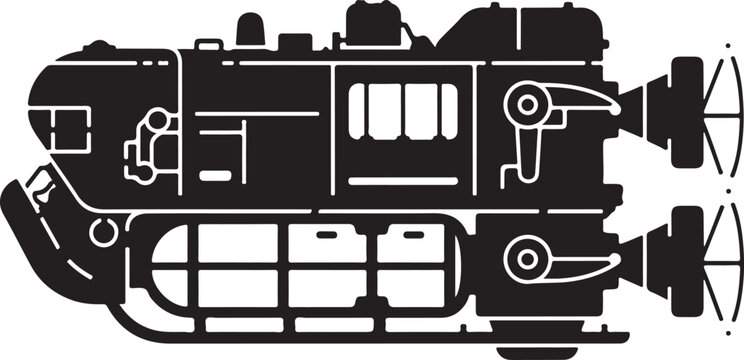 Industrial train engine, locomotive machine, black and white vector, side view, mechanical illustration