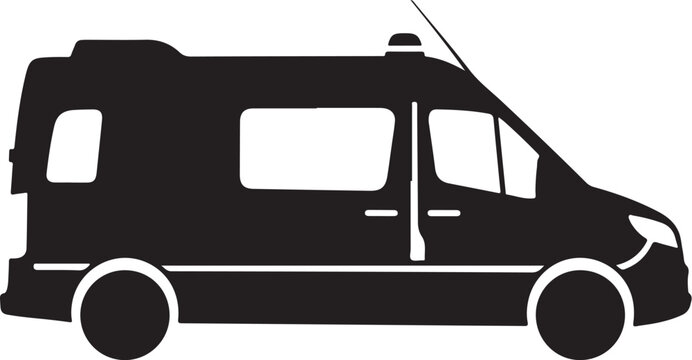 Van silhouette, black campervan icon, vehicle graphic, transportation symbol