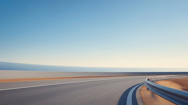 Dynamic low-angle view of an empty highway curve with motion blur, symbolizing speed, journey, and progress.