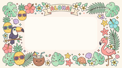 Cute Tropical Vector Frame with Kawaii Summer Characters and Blank Copy Space © Karjani Creative