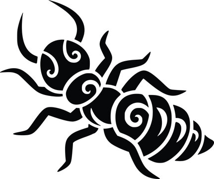 Stylized black silhouette of a termite with ornate swirling patterns on its body and head, presented against a white background.