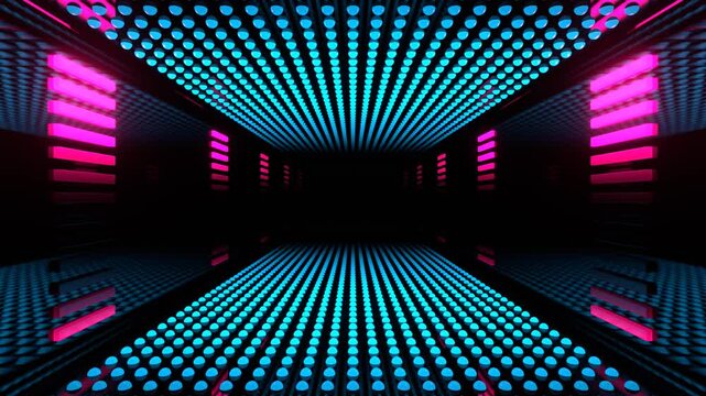 Blue and Pink Futuristic Tunnel with Glowing Dot Grid and Light Panels Background VJ Loop in 4K