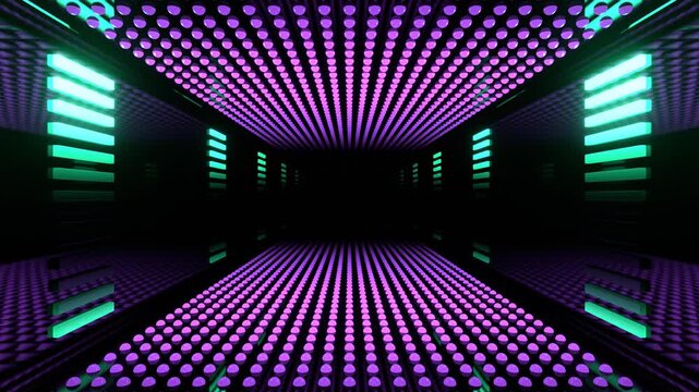 Turquoise and Purple Futuristic Tunnel with Glowing Dot Grid and Light Panels Background VJ Loop in 4K