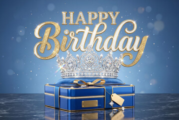 Happy birthday message, diamond crown, golden gift box, blue ribbon, sparkles, celebration, luxury, festive, opulent