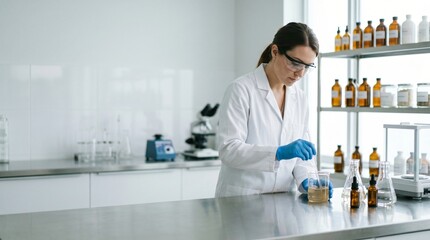 Fototapeta premium Scientist in lab coat and goggles conducting experiment with liquids in beakers surrounded by laboratory equipment