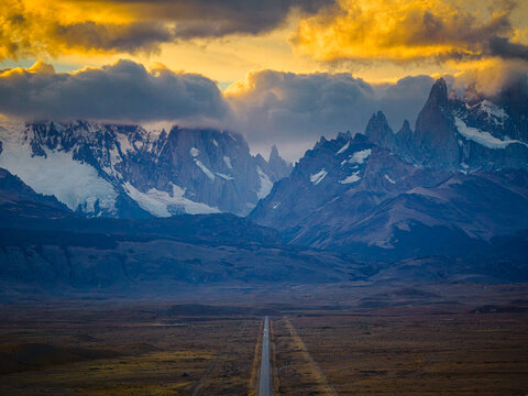 Winding road leading to Fitz Roy mountains, Patagonia Argentina