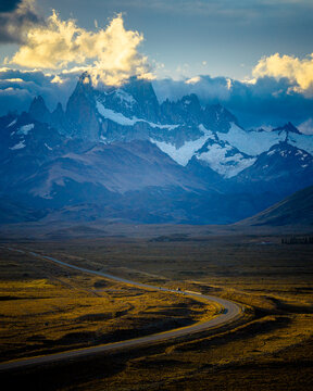 Winding road leading to Fitz Roy mountains, Patagonia Argentina