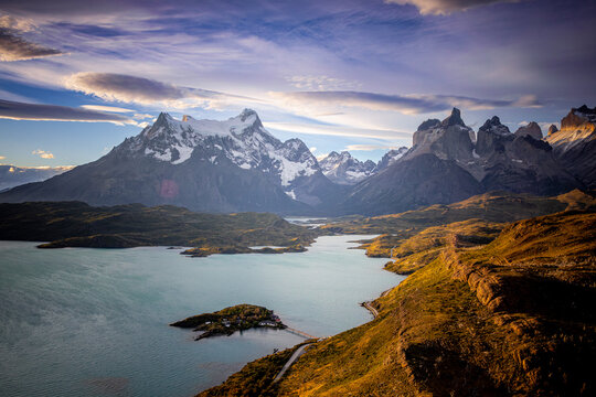 Lake Pehoe and Cuernos del Paine at golden hour, Chile