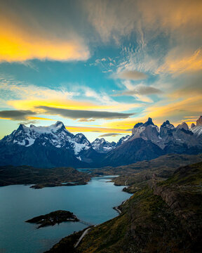 Lake Pehoe and Cuernos del Paine under vibrant sunset sky, Chile