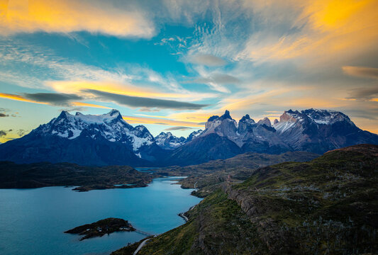 Lake Pehoe and Cuernos del Paine under vibrant sunset sky, Chile
