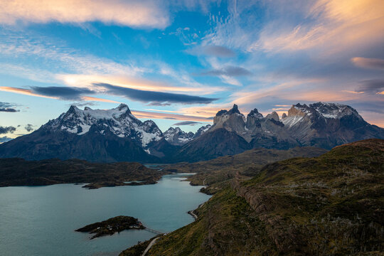 Lake Pehoe and Cuernos del Paine under vibrant sunset sky, Chile