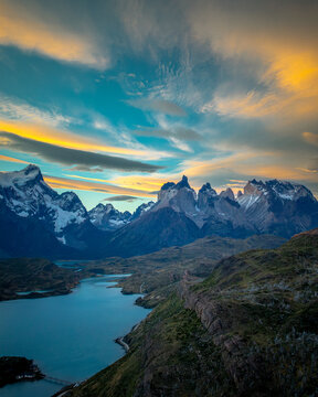 Lake Pehoe and Cuernos del Paine under vibrant sunset sky, Chile