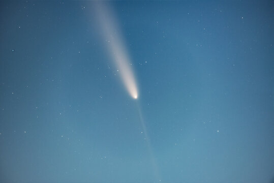 Comet in Night Sky Showing Coma, Dust Tail and Antitail Formation