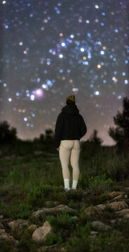 Woman Silhouette Under Night Sky Watching Orion Stars
