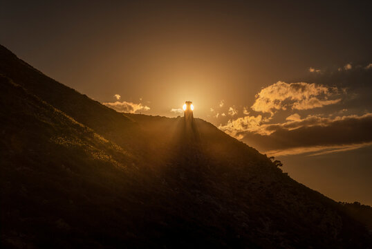 Dramatic Sunset Landscape Ancient Watchtower Silhouette