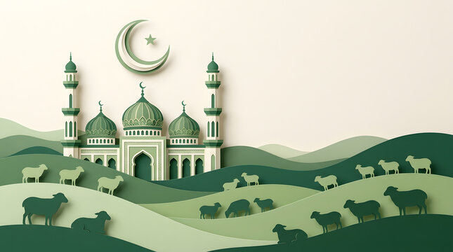 Islamic mosque illustration with crescent moon, rolling hills and grazing sheep in minimalist green palette for Ramadan background design