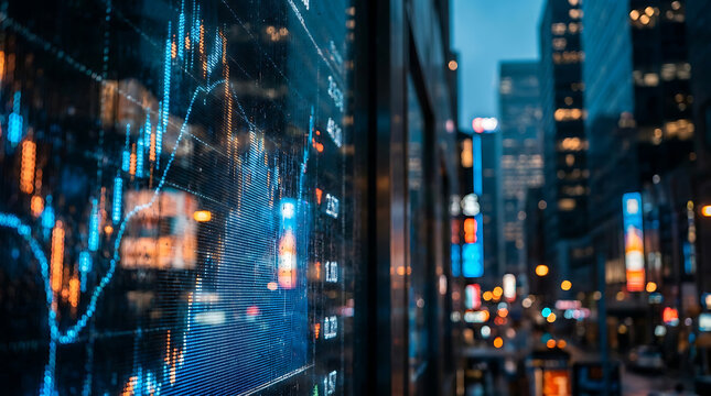 Detailed cityscape with a glowing digital display at night.