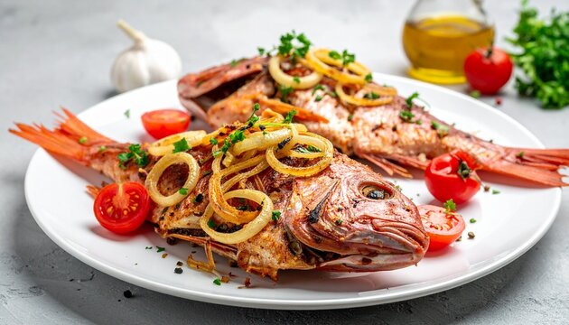 Two delicious whole roasted red snapper fish garnished with saut&eacute;ed golden onions cherry tomatoes and fresh parsley on a white ceramic plate.