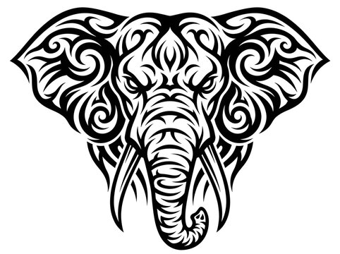 elephant tribal artwork in solid black, perfect for tattoo sheets, apparel, stickers, and web graphics.