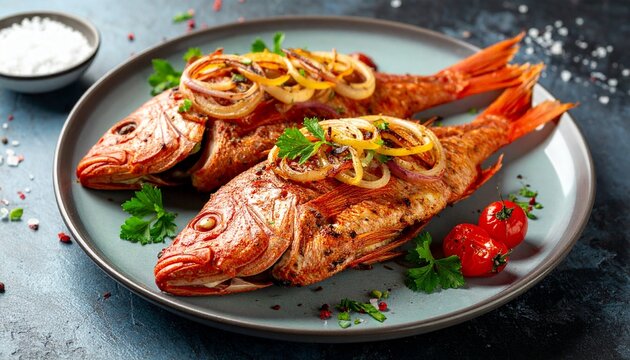 Two delicious whole grilled red snapper fish garnished with saut&eacute;ed onions and fresh herbs served on a ceramic plate for dinner meal.