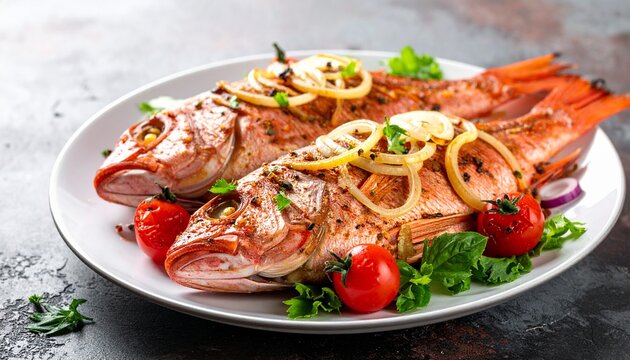 Two whole roasted red snapper fish garnished with saut&eacute;ed onion rings and fresh cherry tomatoes served on a white ceramic plate in a kitchen.