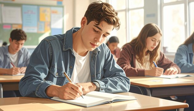 Focused high school students sitting at desks in a bright classroom writing in notebooks during an academic exam or a daily study session.