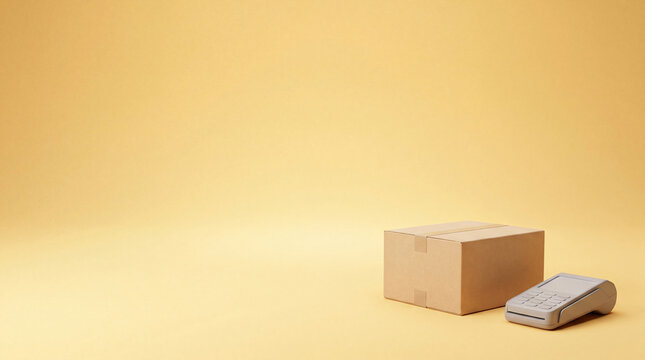 E-commerce payment terminal and plain cardboard box on a vibrant yellow background with copy space.