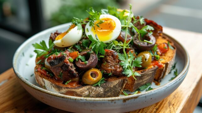 Freshly Prepared Toast with Tasty Toppings of Vegetables, Herbs, Eggs, and Assorted Olives in a Stylish Presentation