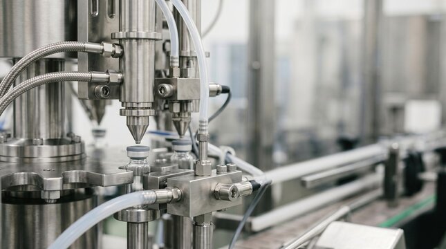 Automated sterile filling line processing glass vials with liquid pharmaceutical compounds