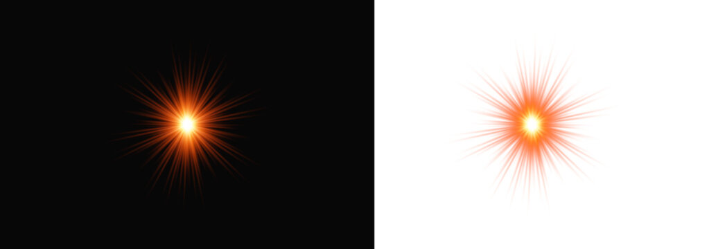Radiant starburst light effect intense orange glow for visual design. vector illustration on transparent background.