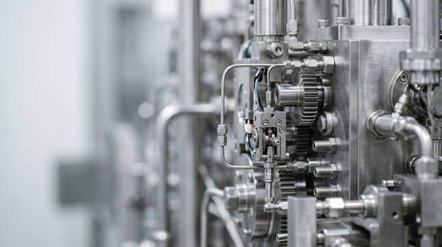 Close up view of a complex industrial machinery system with pipes gears and metallic components