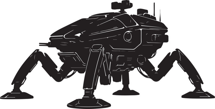 Futuristic robot, sci-fi mech, black illustration, six-legged machine, vector graphics