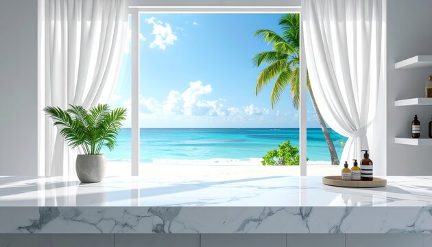 Sunlight filters through an open window frame of a modern white building featuring a view of a luxury hotel swimming pool with palm trees overlooking the blue summer sea landscape